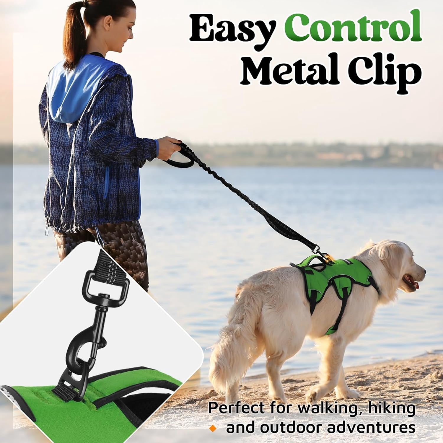 rabbitgoo Escape Proof Dog Harness, Soft Padded Full Body Pet Harness, Reflective Adjustable No Pull Vest with Lift Handle and Lesh Clip for Large Dogs Walking Hiking Training, Green