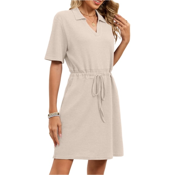 Delconic Short Sleeve Polo Collar Drawstring Waist Casual Dress for Women Soft Lightweight Waffle Knit Fabric Knee Length Loose Fit Beige L
