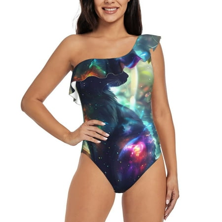 Qokaie Cosmic Cat In Window Print Women s One Piece Swimsuits Tummy Control Bathing Suits Asymmetric One Shoulder Swimwear-XX-Large