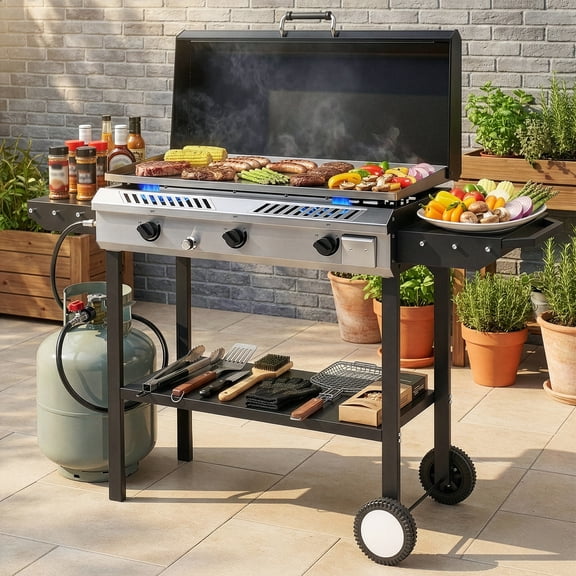Zintown 3 Burner 225000-BTU Outdoor Stove Propane Gas Griddle with Portable Pan,Lid