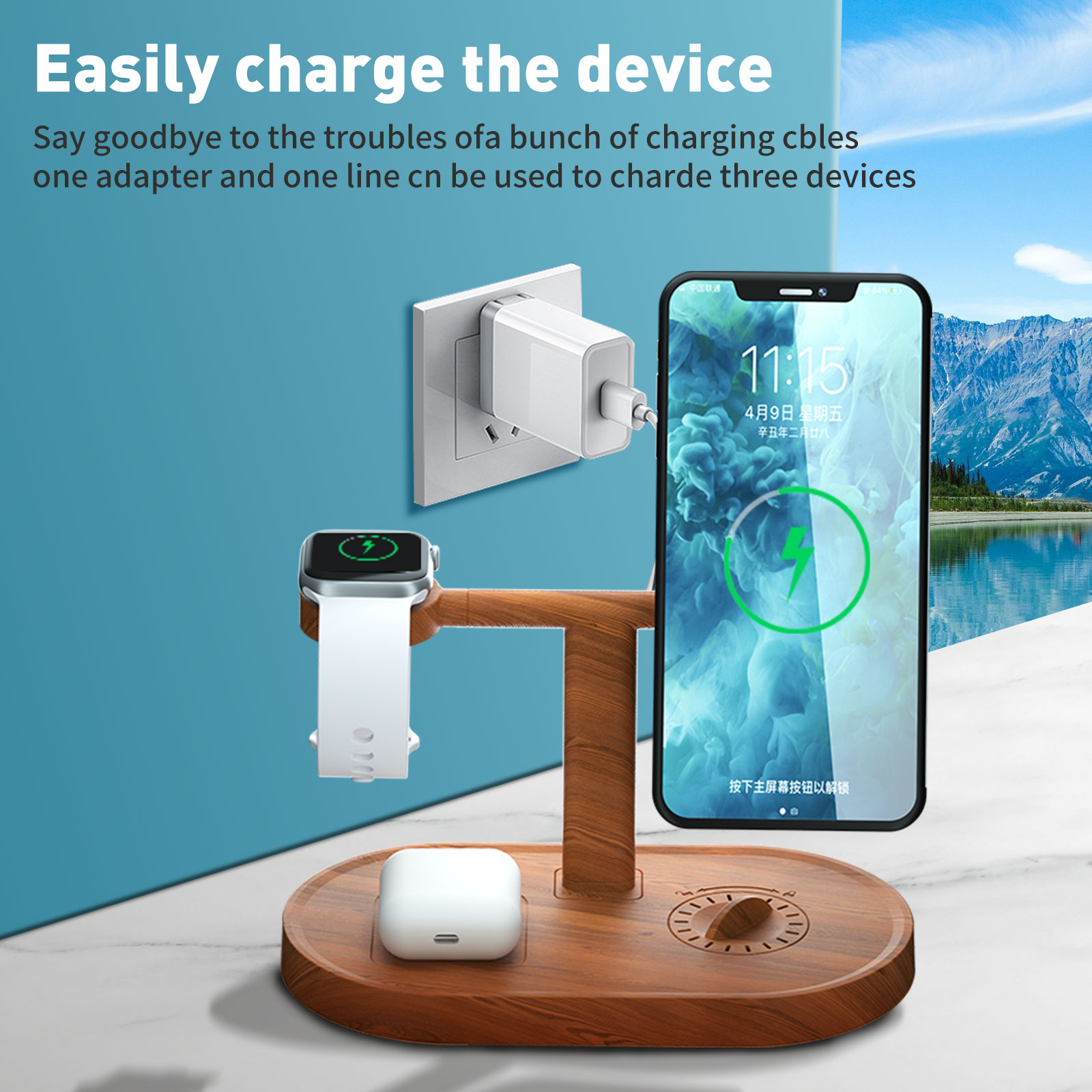 SMOIVE 3 in 1 Wireless Qi Fast Charger Dock Stand for iPhone 12 And Above &AirPods 2 and above & Apple Watch (Wood Color) - image 5 of 8