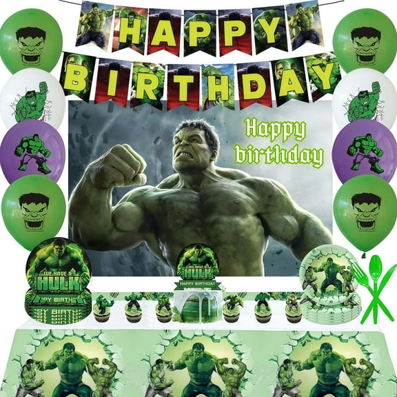 Hulk Cartoon Birthday Party Decoration Set includes banners, balloons, backdrops, cake/cupcake toppers, tablecloths, and plates. Suitable for cartoon-themed parties for both boys and girls.