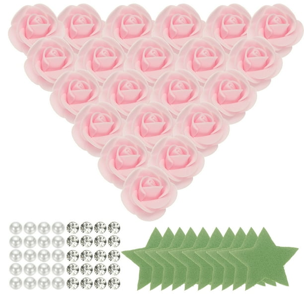 Uxcell 500pcs Cabezas de Rosa de Espuma 1.4" Flores Artificiales a Granel Sin Tallo con Hojas, Perlas y Diamantes para Manualidades DIY, Rosa Claro