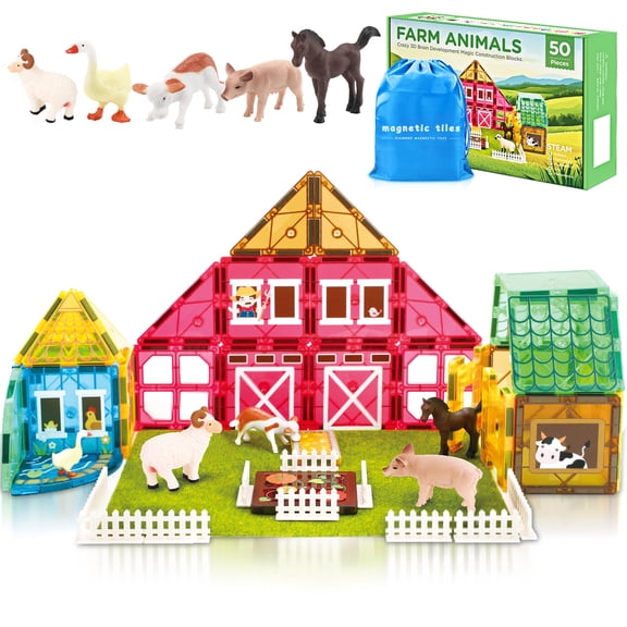 FunMagic Magnetic Tiles Farm Animal Toys Set for Toddles Kids, Montessori STEM Educational Magnetic Building Blocks for 3  Year Old Boys Girls