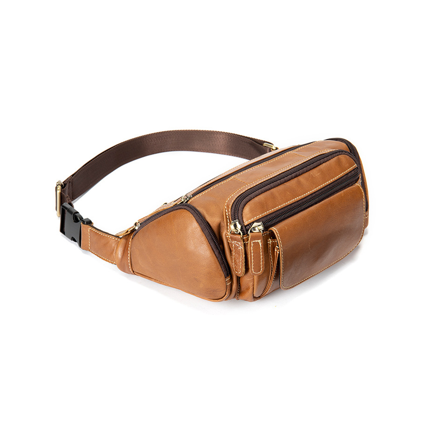 Men’s Genuine Leather Fanny Pack Multi-Pocket Waist Bag with Adjustable Strap and Metal Zipper – Oil Coffee, Dark Coffee, Brown