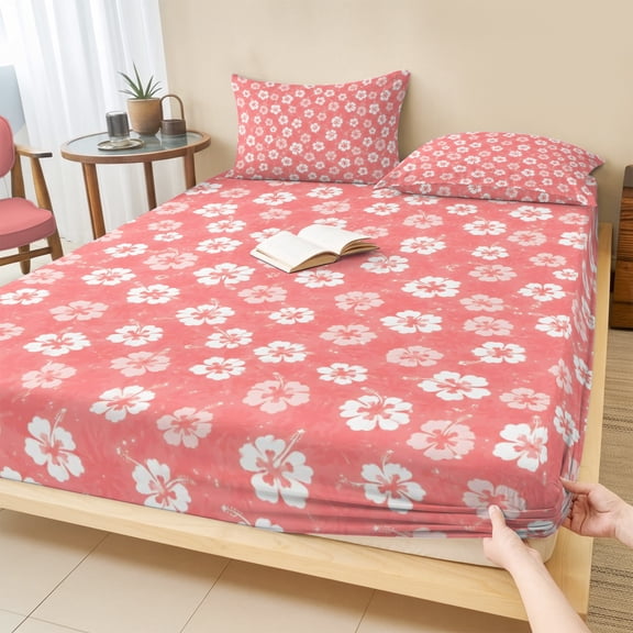 Twin XL Size Fitted Sheet Set - Pink Flowers 2 Piece Bedding Sets 16" Deep Pocket Fitted Sheet with 1 Pillowcases, Farmhouse Rustic Botanical Floral Pattern Brushed Microfiber Hotel Luxury Bed Sheets