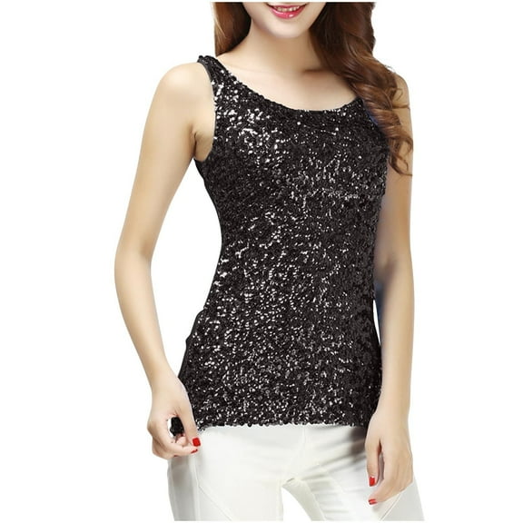 Ruimatai Women's Sequin Patchwork Tank Top Slim Fit Round Neck Fashionable Sleeveless Blouse Casual Party Wear