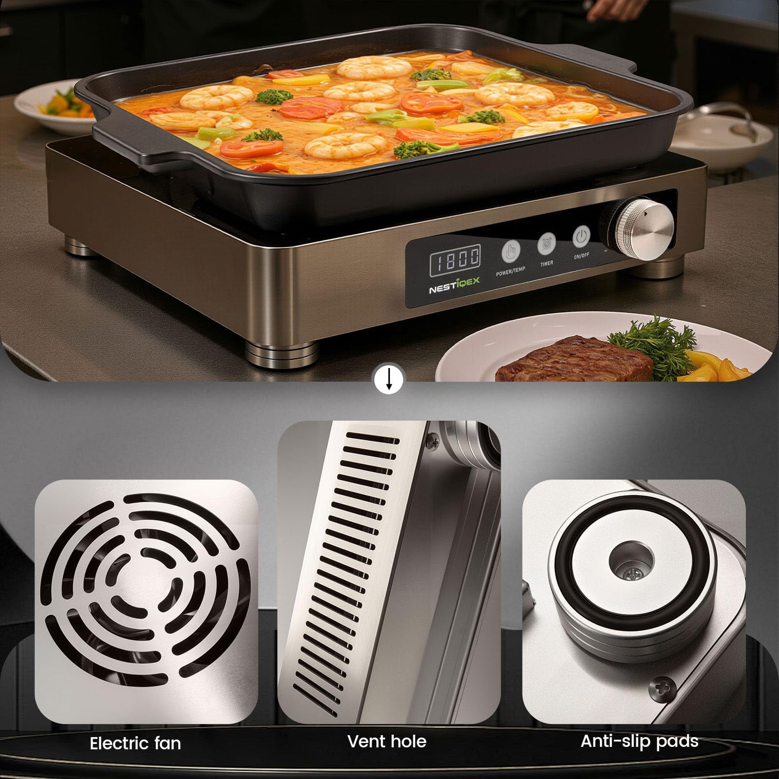 Nestiqex 1800W 85V~120V Induction Cooktop Commercial Electric Stove Large 11.8-inch Heating Coil  Stainless Steel Countertop Burner