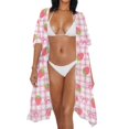 thumbnail image 3 of HELLHERO Strawberry Gingham Print Long Kimono Swimsuit Cover Up High Quality Fabrics Breathable Free Size Bathing Suit Cover Up for Women, 3 of 6