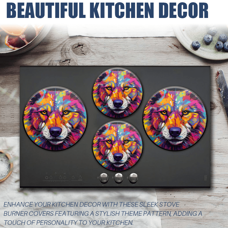 BaHomeck Electric Stove Burner Covers Set of 4,Round Metal Gas Stove Burner Covers 8 Inch and 10 Inch,Kitchen Decor,Vibrant And Colorful Wolf Face Portrait Featuring Bold Colors Like Neon Green