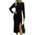 thumbnail image 3 of Xuanfei Women Round Neck Solid Color Side Split Long Sleeve Midi Dress, 3 of 4