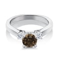 thumbnail image 3 of Gem Stone King 925 Sterling Silver Brown Smoky Quartz and White Topaz 3-Stone Engagement Ring for Women (1.08 Cttw, Round 6MM, Gemstone Birthstone, Size 7), 3 of 6