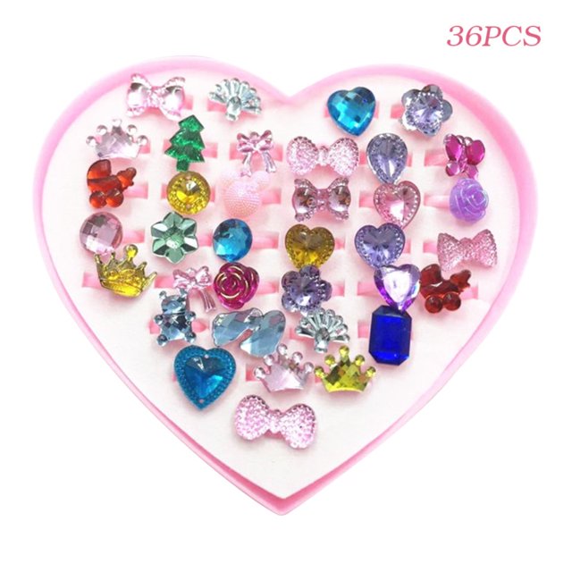 36Pcs Cartoon Rings Kids Resin Open Finger Rings Girl Rhinestone Jewelry with Storage Box Bright Rhinestone