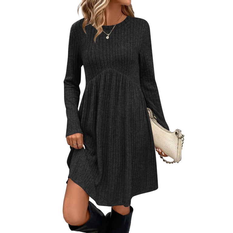 aohooy Womens Long Sleeve Sweater Dress Ribbed Knit Lightweight Dresses  Empire Waist Crewneck Winter Knee Length A Line Dress with Pockets Black,XL  - Walmart.com
