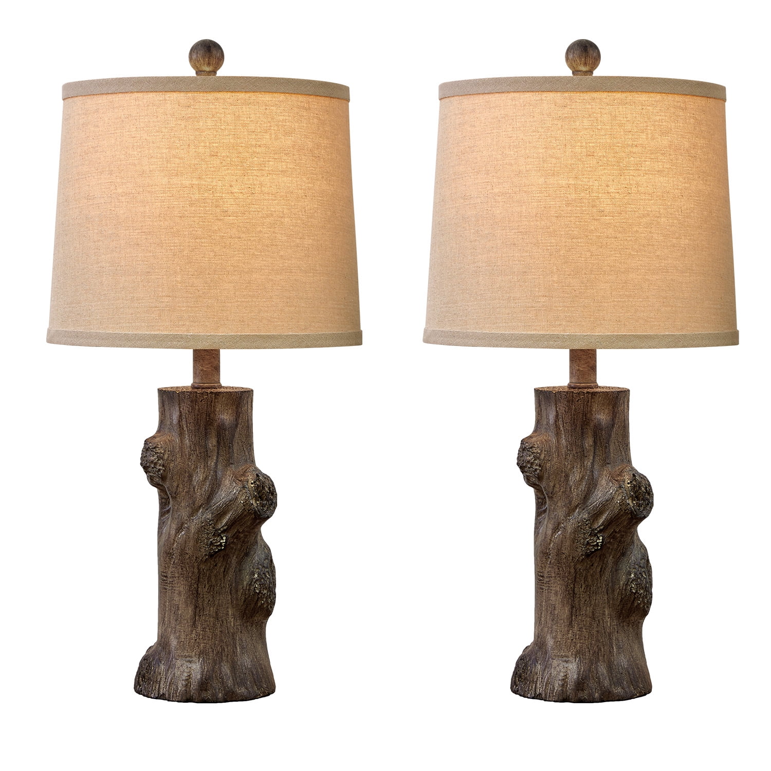 Oneach Farmhouse Resin Table Lamp Set of 2 for Living Room Bedroom 23" Tree Trunk Wood Grain Rustic Nightstand Bedside Lamps with Lamp Shades