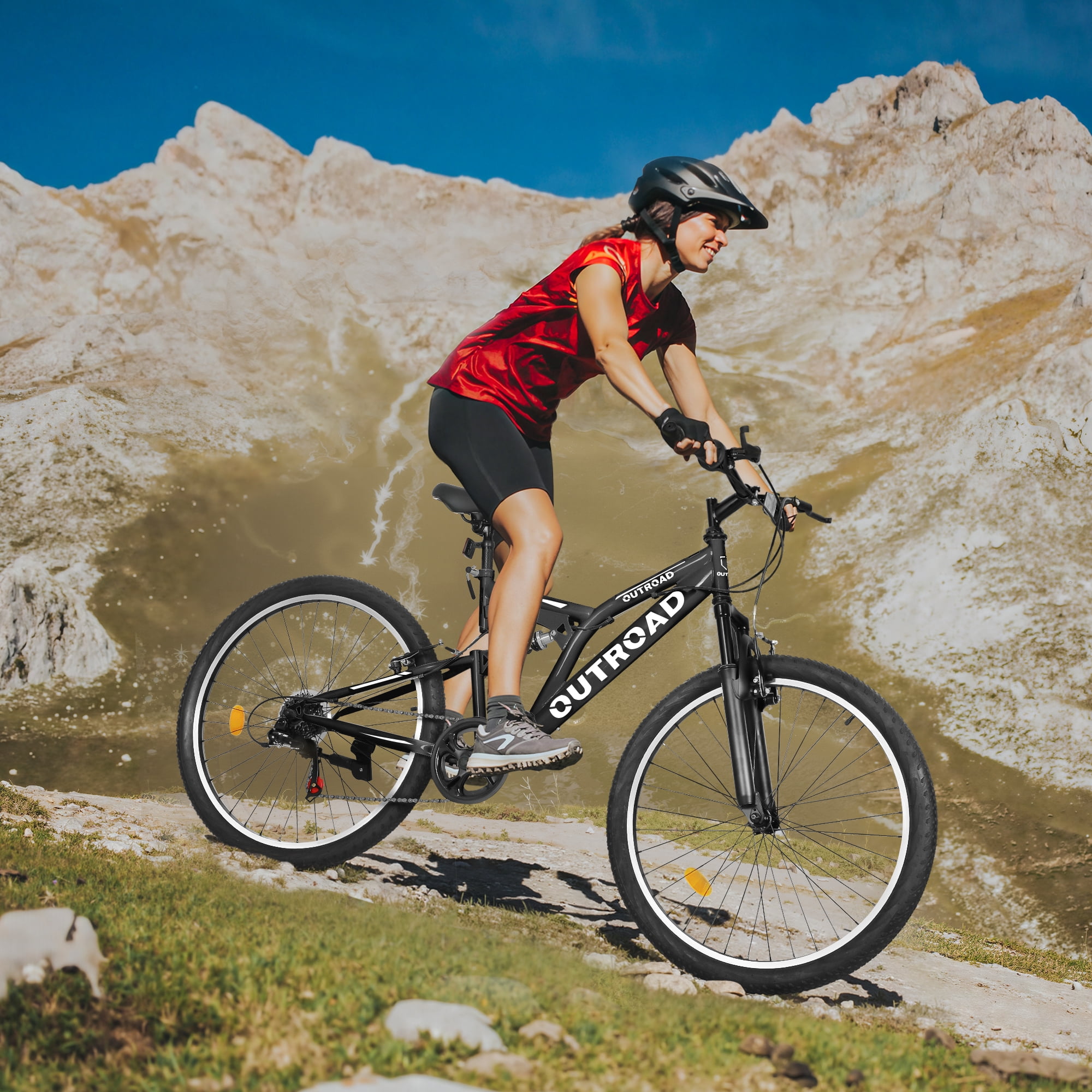 Marknig 26 inch Mountain Bike, 7 Speed Adult Bicycle with High-Carbon Steel Frame, Dual Disc & V-Brakes, Adjustable Seat for Men and Women,MTB with Shock Absorption System, Black