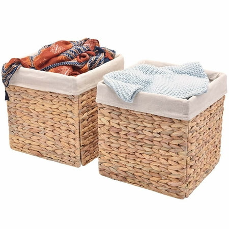 Hyacinth Pack - StorageWorks Water Hyacinth Hand-Woven Storage Basket with Iron Wire Frame, with Linen Lining, 2-Pack, Large, Foldable