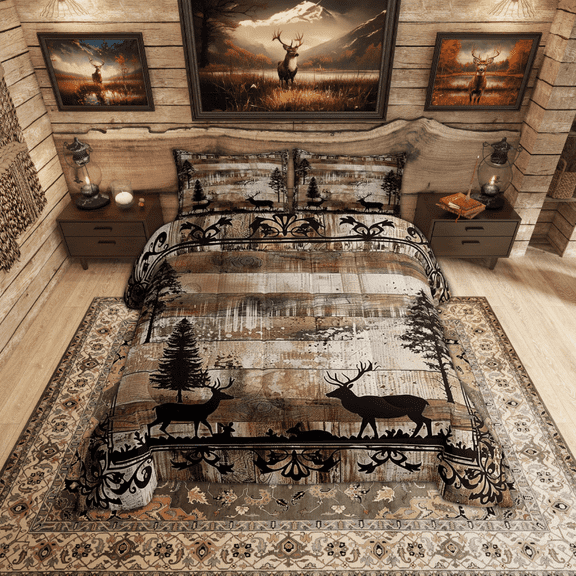 Rustic Reindeer Comforter Set Full,Retro Cabin Bedding Set for Kids Boys Teens Adult,Woodland Wildlife Deer Hunting Quilt Pine Trees Moose Wild Animal Duvet Insert Farmhouse Decorations