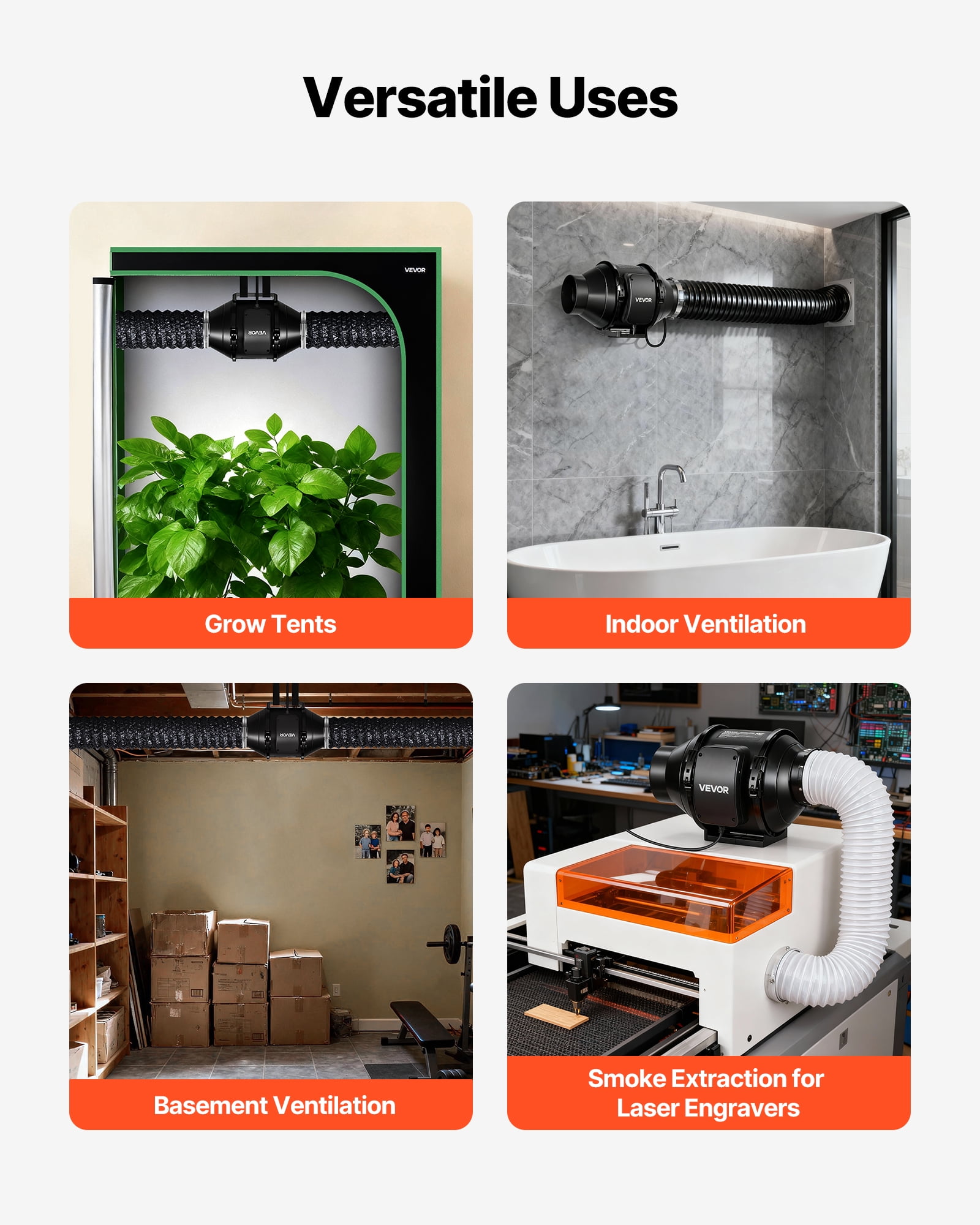 VEVOR Inline Duct Fan, 4 in Quiet Inline Exhaust Fan, 180 CFM Powerful AC-Motor Ventilation Fans for Cooling Booster, High Air Flow, Vent Blower Fans for Indoor Grow Tents Basement Hydroponics