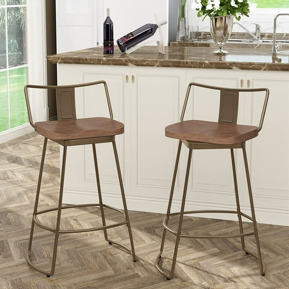 Andeworld 24" Swivel Bar Stools with Backs Set of 2 Industrial Kitchen Counter Height Barstools Bar Chairs with Wood Seat Bronze