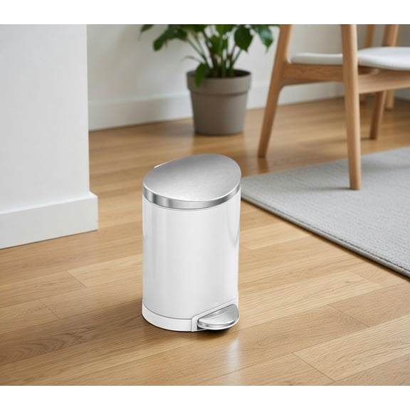 6.4 quart / 1.6 Gallon White Step Pedal Trash Can with Stainless Steel Lid - Compact Garbage Bin with Foot Pedal and Removable Inner Bucket for Bathroom, Bedroom, Kitchen, Office