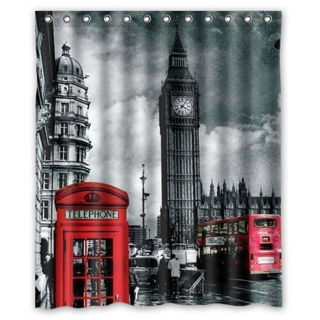 Red Shower Curtain Set HelloDecor British London Red Telephone Box And Big Ben Shower Curtain Polyester Fabric Bathroom Decorative Curtain Size 60x72 Inches ()