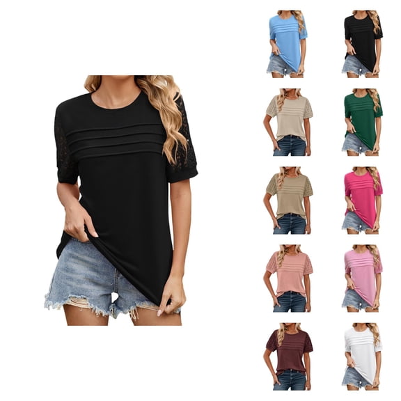 T Shirts for Women 2025 Short Sleeve Crewneck Lace Patchwork Pleated Front Casual Loose Tshirt Womens T Shirts