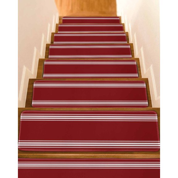Red Striped Stair Treads for Wooden Steps Indoor Runner Rug Carpet, Luxurious White Stripes Modern Abstract Art 4 Pieces Peel and Stick Staircase Step Treads Covers Washable Throw Door Mats, 30"x8"