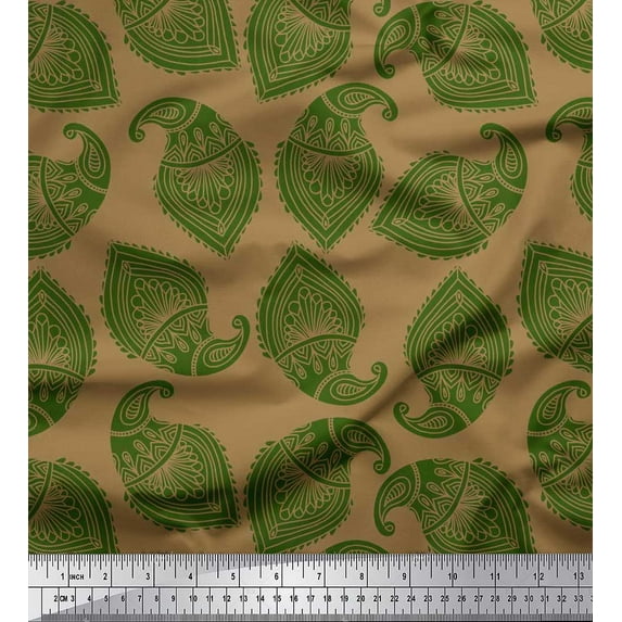 Soimoi Brown Cotton Duck Fabric Green Paisley Printed Fabric 1 Yard 56 Inch Wide