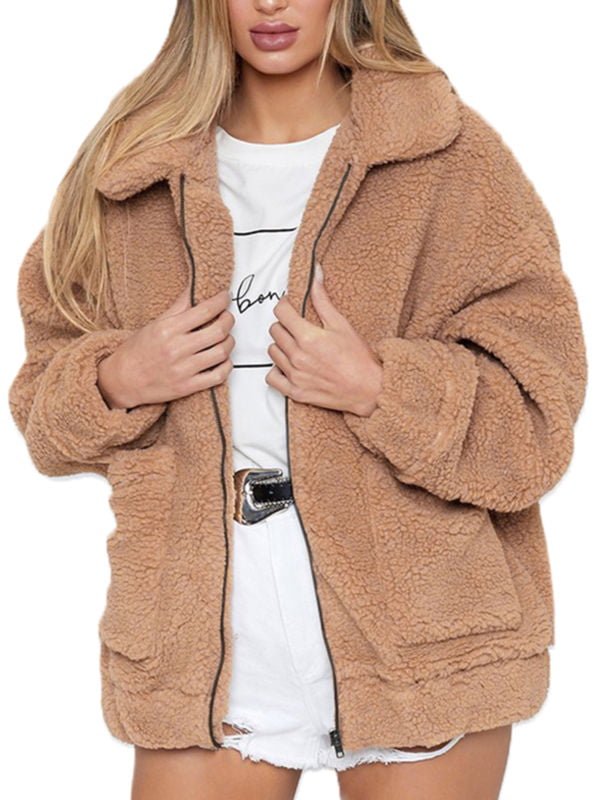 kingfansion Women Warm Teddy Bear Pocket Fleece Jackets Coat Open Overcoat