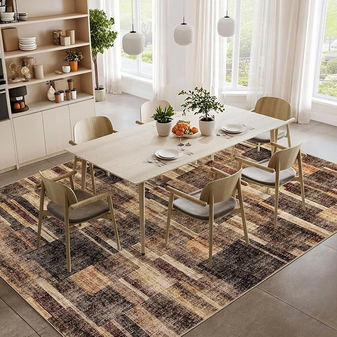 Living Room Rug 5x7, Machine Washbale Area Rugs Modern Geometric Patchwork Carpet Non-Slip Stain Resistant Farmhouse Door Mats Non-Shedding Foldable Rug for Dining Room, Bedroom, Brown