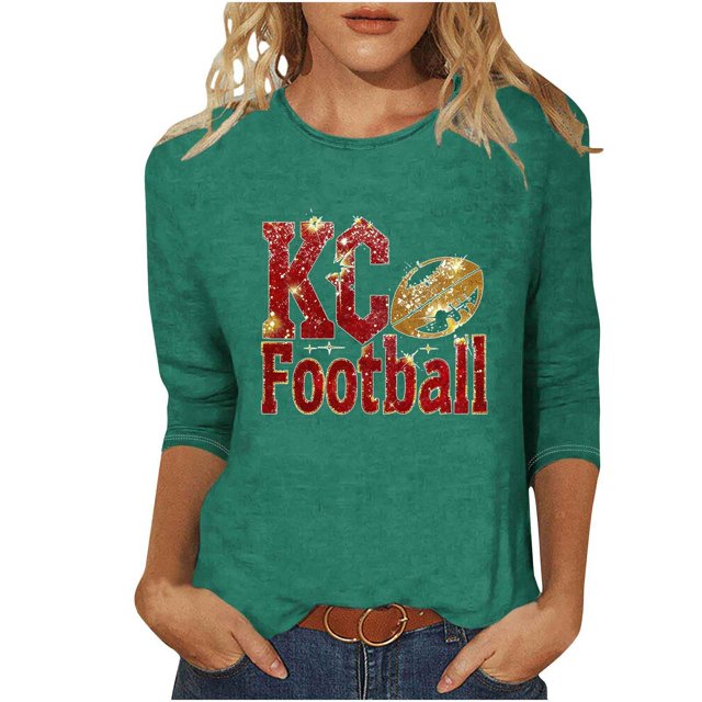 ZVAVZ Hauts pour Femmes Été 2025, Chemises de Football Rugby pour Femmes Manches 3/4 Col Rond Tuniques T-Shirts Jour de Match Y2K Hauts Décontractés Chemises en Solde Vert 2TG