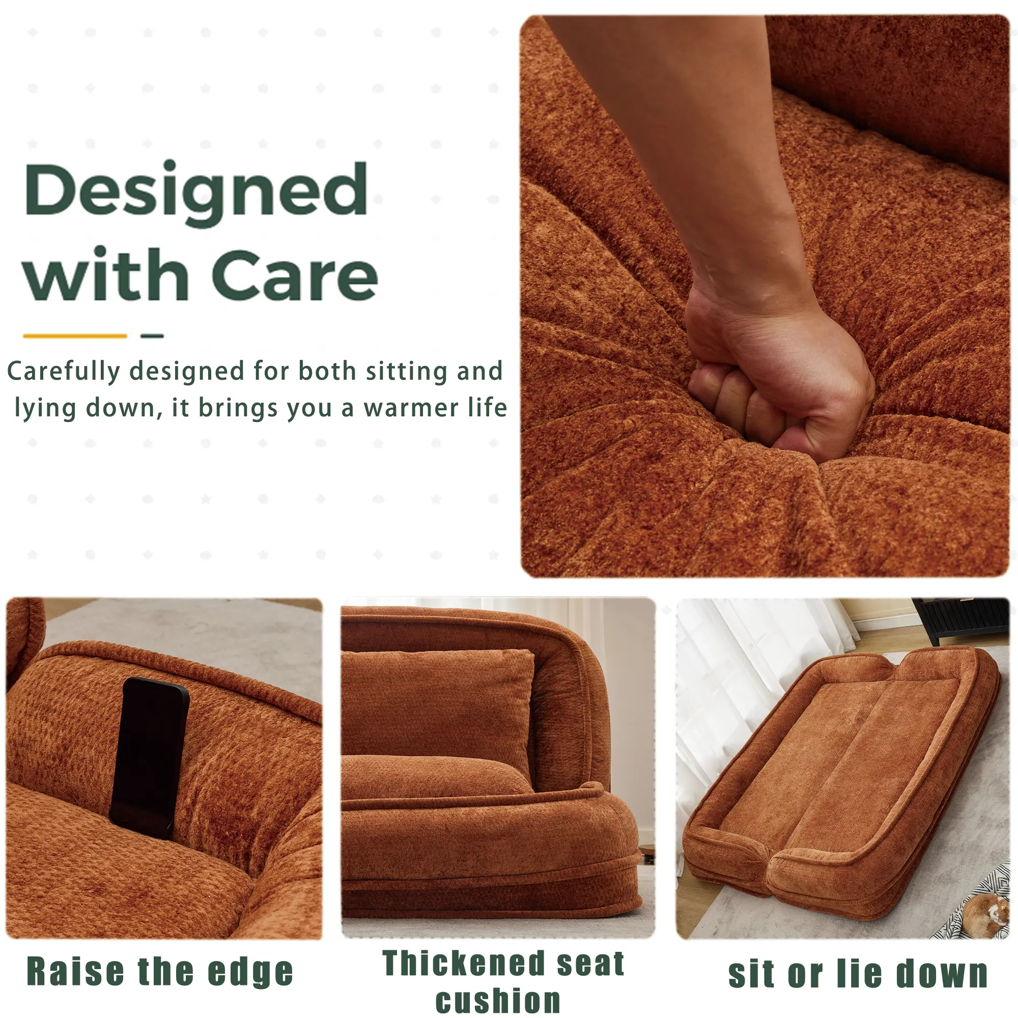 Aukfa Double Human Dog Bed Lazy Sofa Loveseat with Adjustable Backrest, Extra Large 2-Seat Floor Couch with Plump PillowOrange