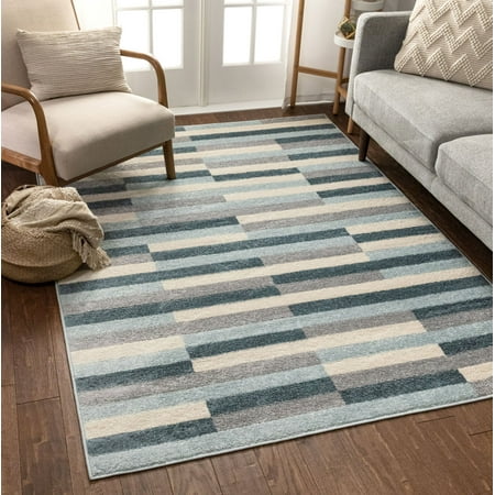 Well Woven Bryson Stripes Geometric Blocks Blue & Grey ...