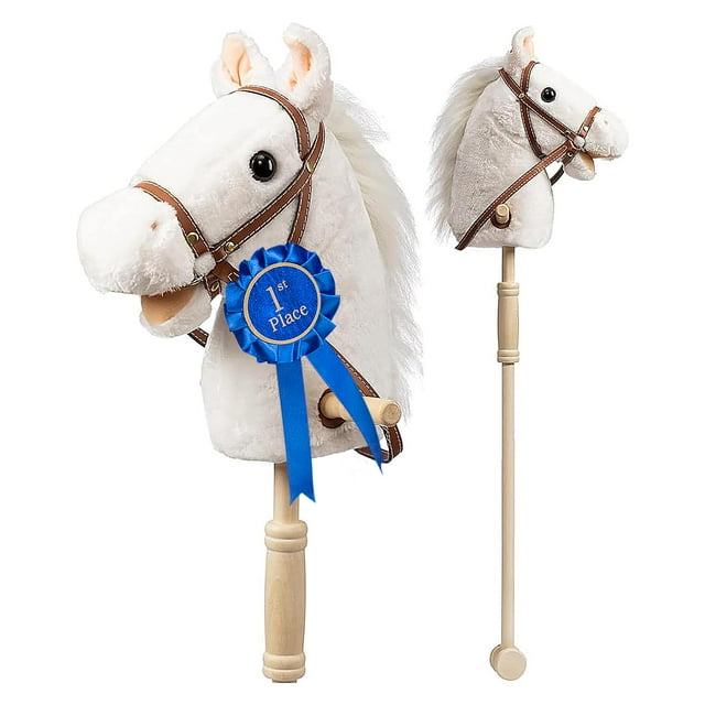 Palo de peluche con forma de caballo HollyHome, blanco, con cinta desmontable, 91 cm