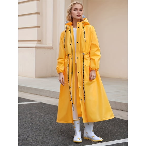 Adult Long Hooded Raincoat – Lightweight, Breathable, Solid Yellow, with Belt & Pockets, Ideal for Rainy Weather Outdoor Activities
