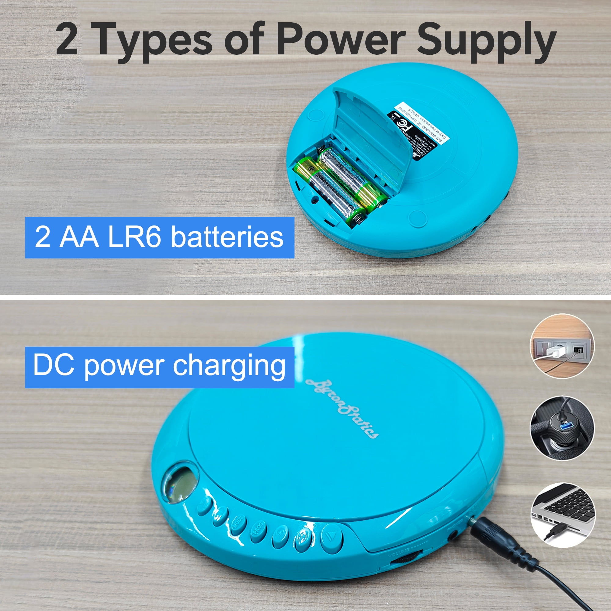 ByronStatics Portable CD Player, Personal Walkman CD Players, Powered DC or 2xAA Battery, Teal