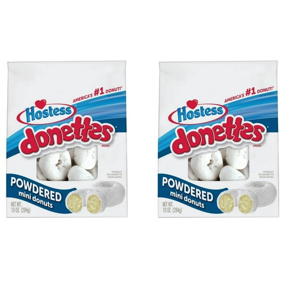 Hostess Donettes - Powdered Mini Donuts - White Cake Dusted With Powdered Sugar - 10 Oz Bag - Pack of 2
