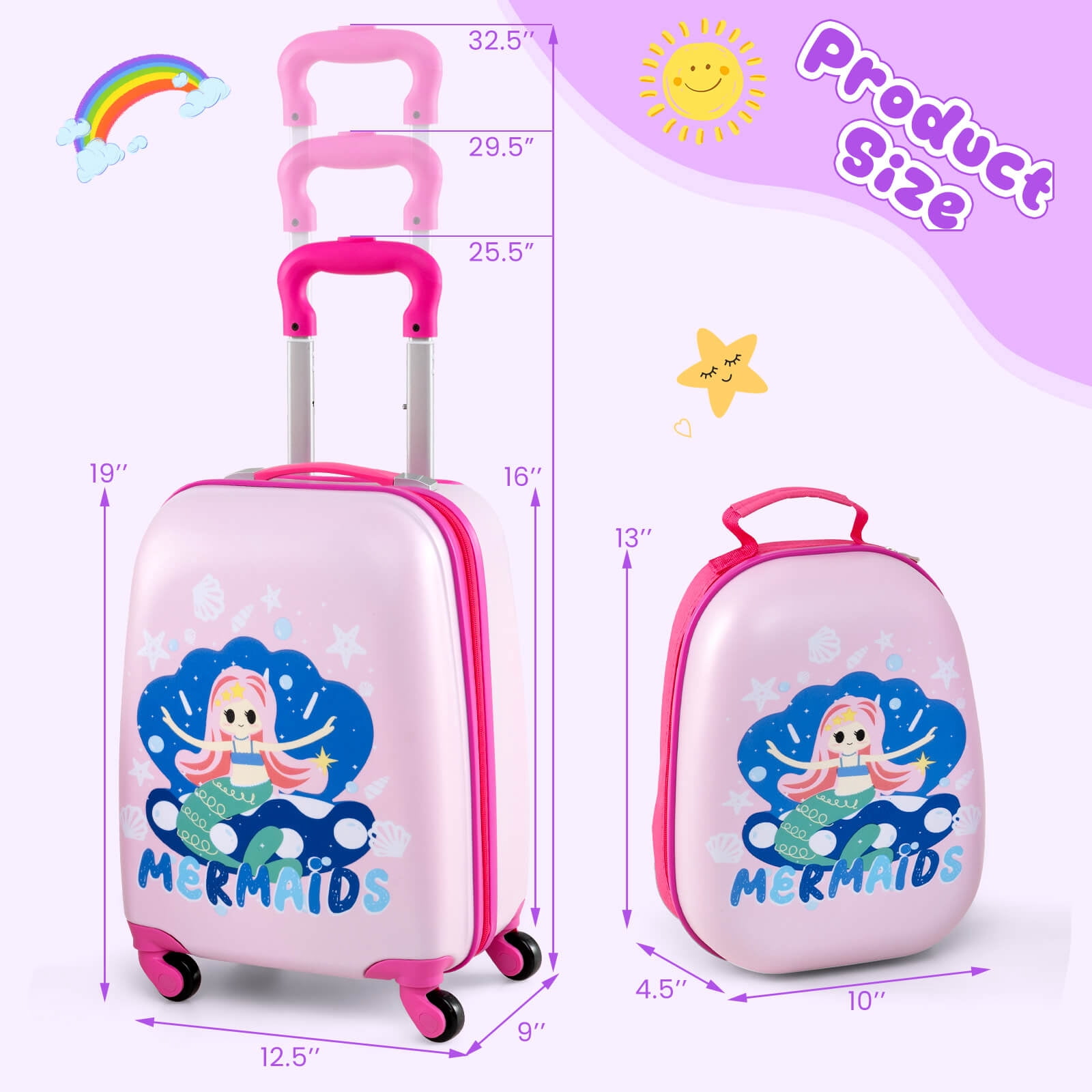 Costway 2PC Kids Carry On Luggage Set 12" Backpack and 16" Rolling Suitcase for Travel Pink + Blue