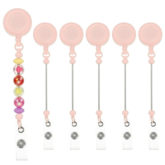Uxcell Beadable Badge Reels, 6 Pcs Beaded Retractable Clips Holder Badge Reel Bulk Keychain Bar with Belt Clip, Light Pink