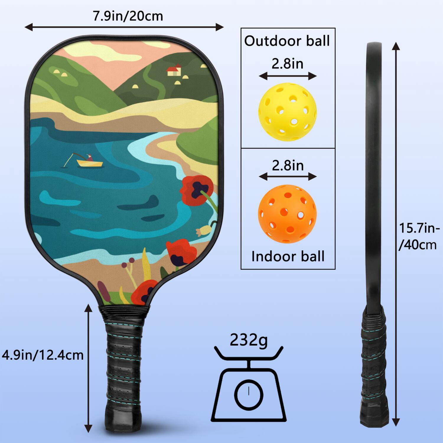 Pickleball Paddles Set Of 1, Fiberglass Surface, Vintage Floral Print, 1 Paddle, 2 Balls & Bag