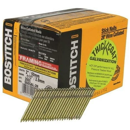 

BOSTITCH S6DGAL-2M Thickcoat Clipped Head 2-Inch by .113-Inch by 28 Degree Wire Collated Framing Nail 2 000 per Box