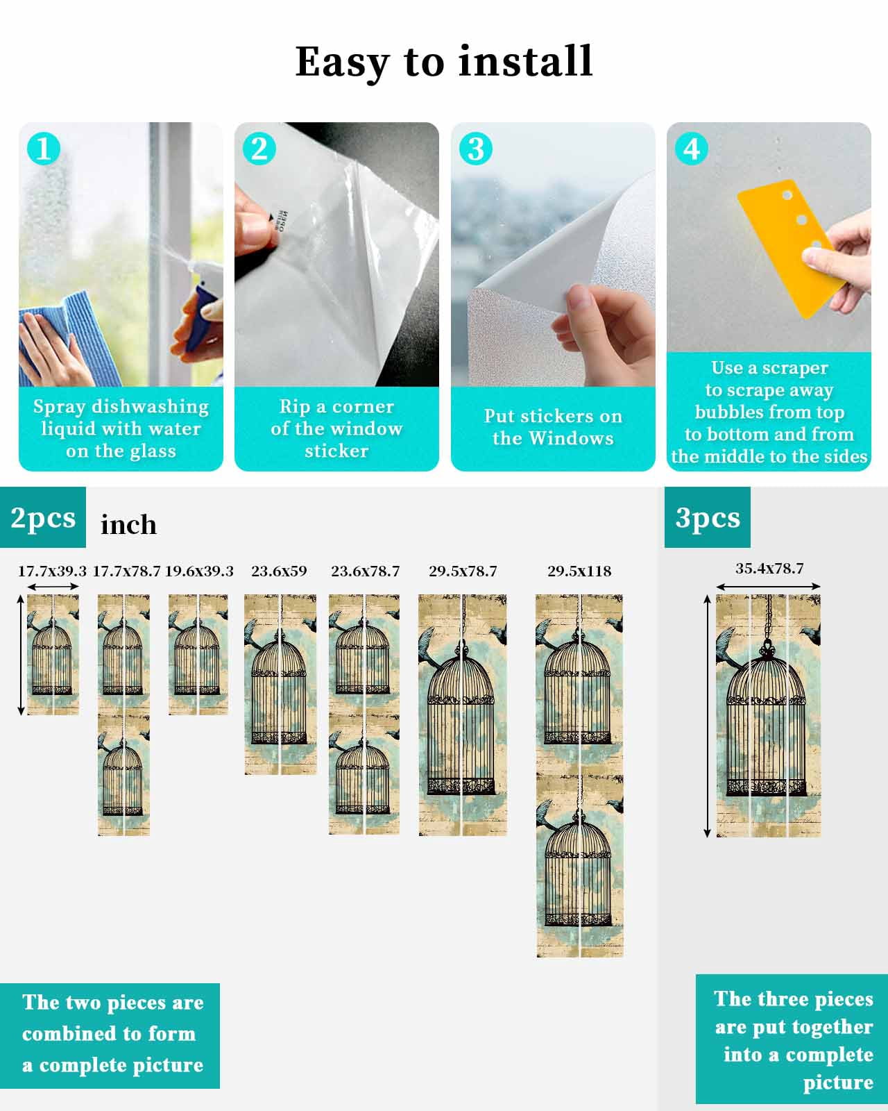 Window Privacy Film Teal Vintage Birds Stained Glass Window Film Decorative Sun Block Window Cover Retro Birdcage Watercolor Window Clings Static Adhesive Sticker for Bathroom 23.6"x59"