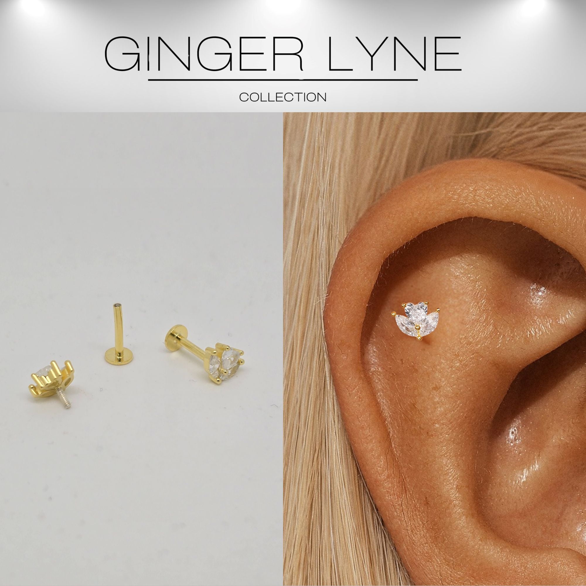 Flower CZ Flat Back Earrings for Cartilage Helix Tragus Lobe 16g Gold Plated Sterling Silver 1 pair by Ginger Lyne