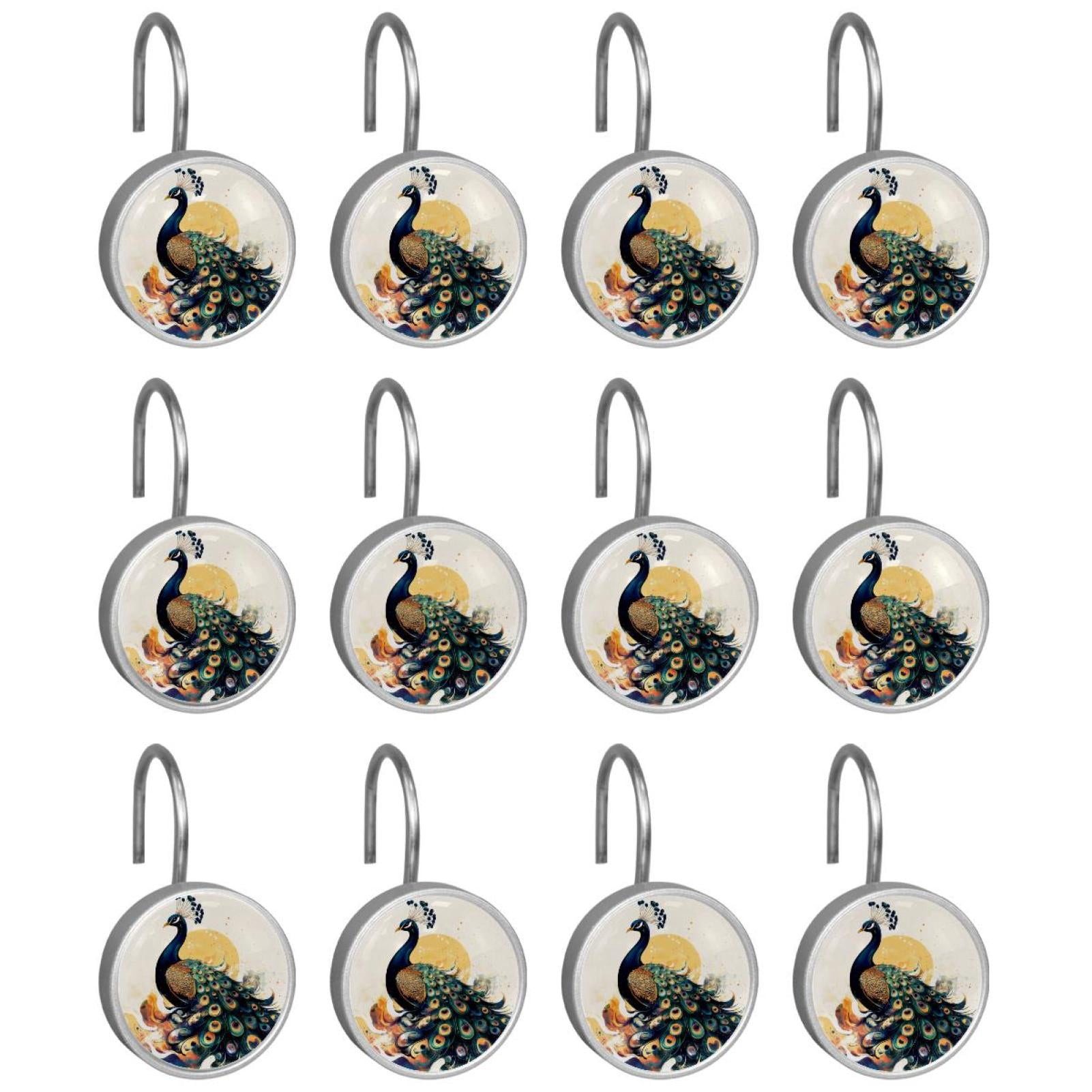 12pcs Decorative Shower Curtain Hooks, Rust Resistant Shower Rings for Bathroom Living Room,Rustproof Stainless Steel Rings for Shower Curtain and Liner Rods,Peacock Illustration