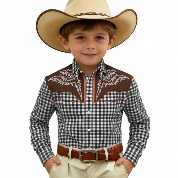 Kiijoy Toddler Boys Western Cowboy Shirt Vintage Button Down Long Sleeve Shirt Top, Black, 3-4 Years