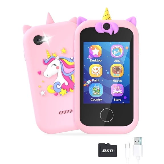 Prysyed Kids Toy Phone for Toddlers 3.5" Touchscreen, Christmas Birthday Unicorns Gifts for 3 4 5 6 7 8 Years Old Girls, Electronic Learning Toy for Girls Age 3-11 with Dual Camera 8G SD Card