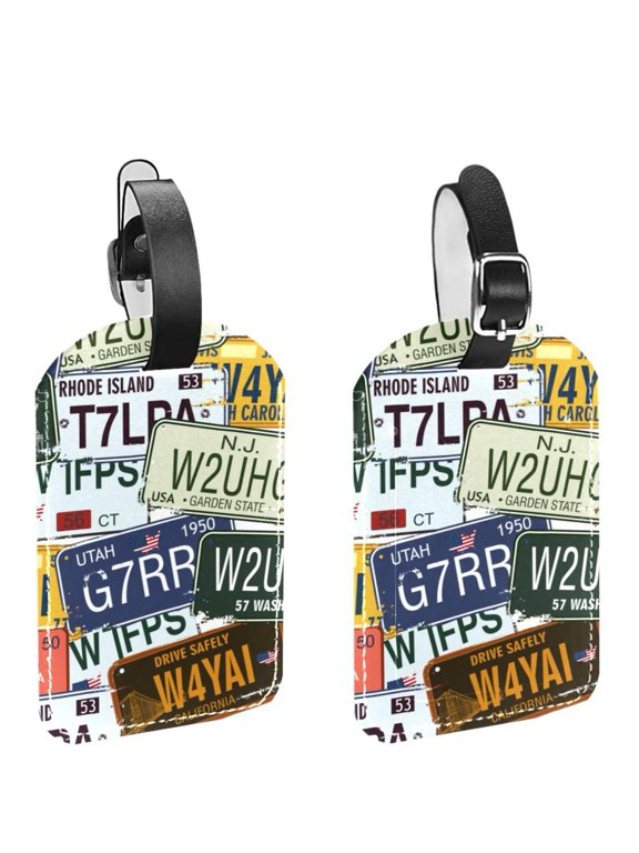 Square 2Pack PU Leather Retro Auto Licence Plates Cruise Luggage Tag with Privacy Cover and Name ID Tag for Travel Handbags Backpacks Luggage Tags