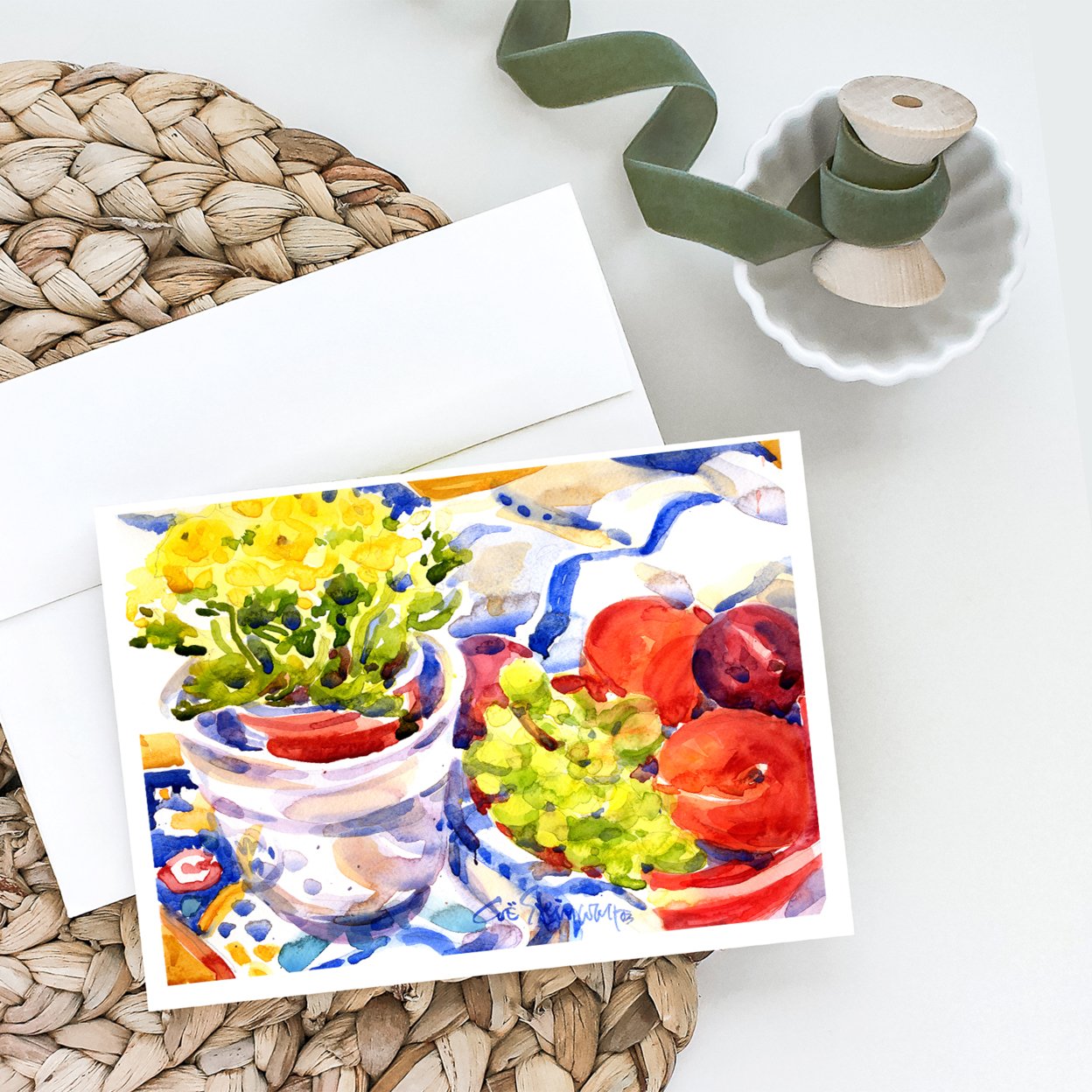 Apples, Plums and Grapes with Flowers Greeting Cards and Envelopes Pack of 8