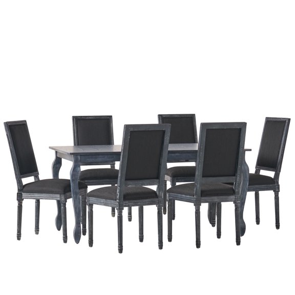 GDF Studio Fernleaf French Country Fabric Upholstered Wood Expandable 7 Piece Dining Set, Gray and Black